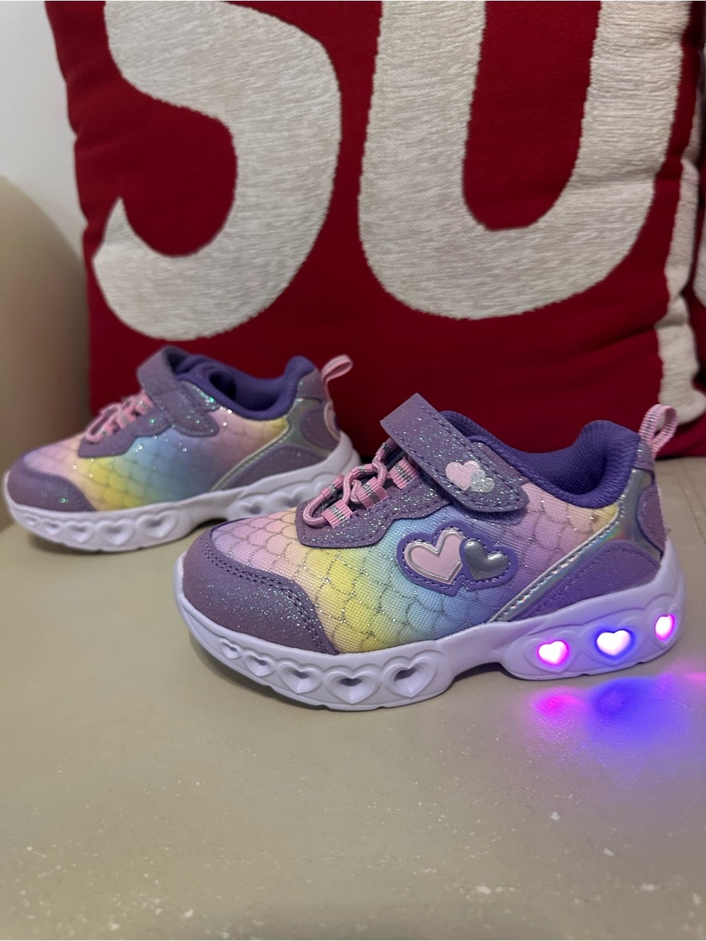8C Athletic Works Purple Rainbow Light-Up Kids Sneakers with Heart Accents